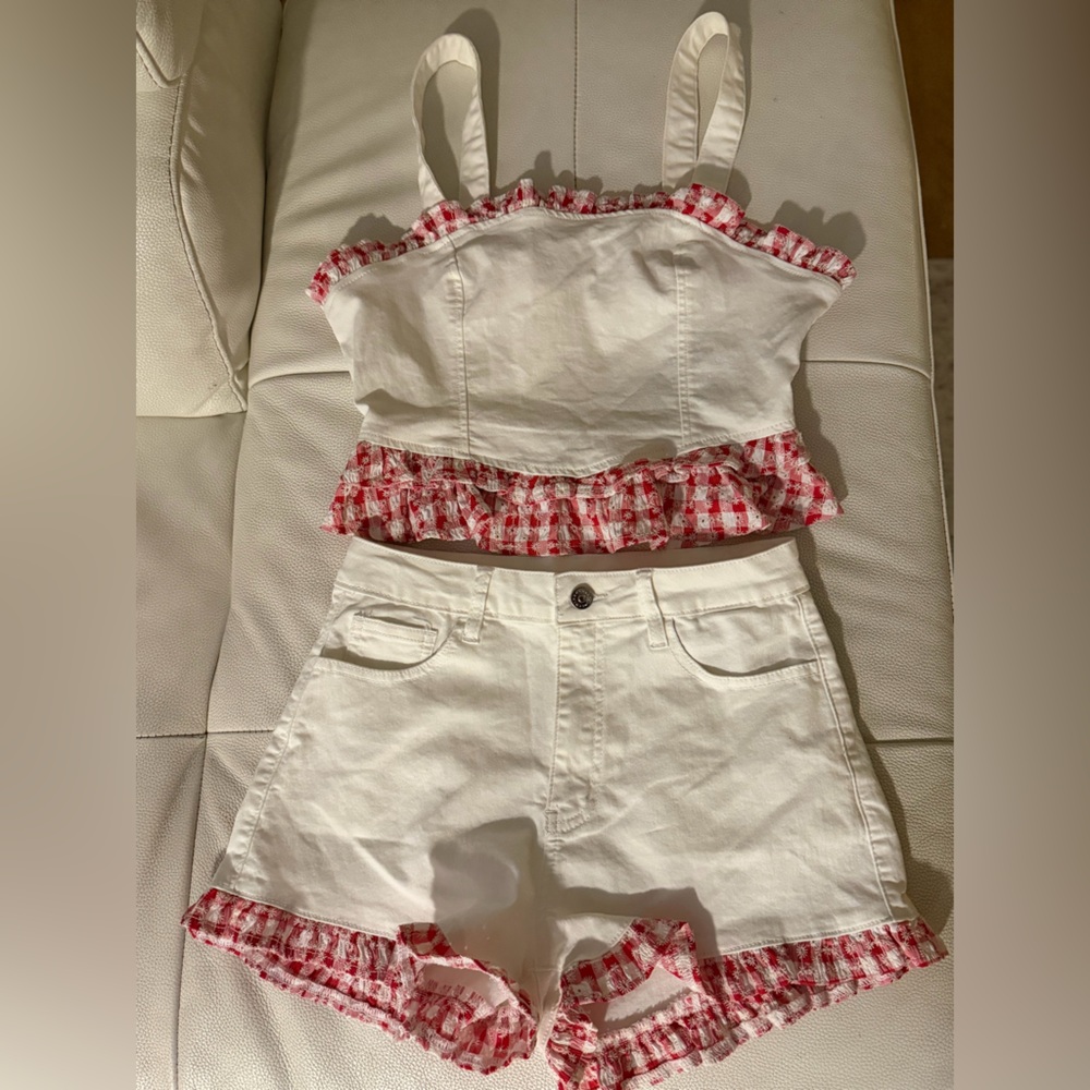White and Red  Shorts and top set with Ruffle Trim